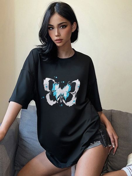 

butterfly print drop shoulder oversized tee m6j8#, White