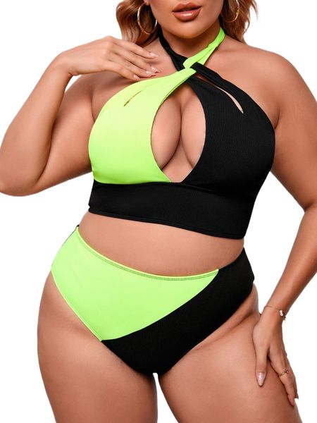 

plus two tone cut out tie back halter bikini swimsuit x6ue#, White;black