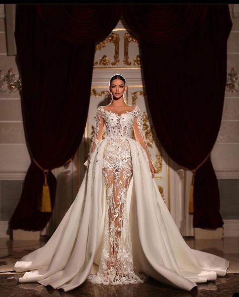 

classic lace appliques wedding dresses beaded bridal gown custom made see through with detachable train wedding gowns, White