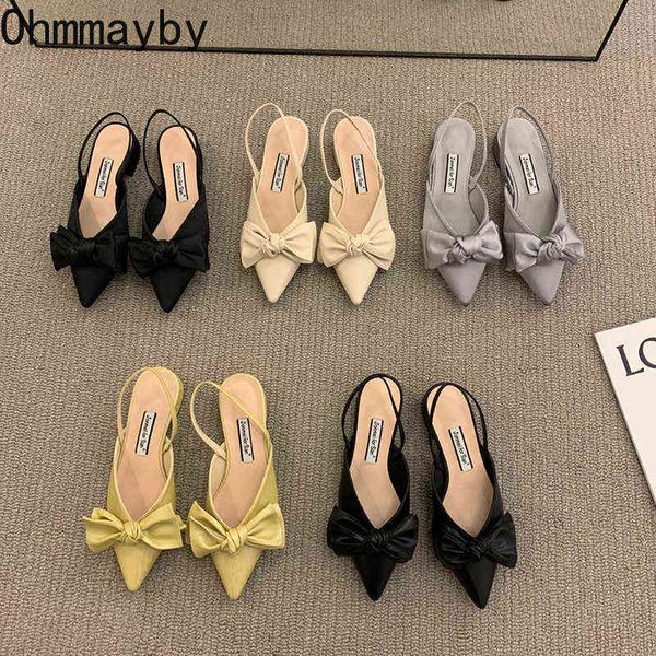 

2022 summer design women slingback sandals shoes fashion bow-knot pointed toe slip on ladies elegant dress pumps shoes y220409, Black