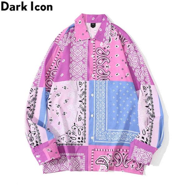 

dark icon pink blue patchwork bandana shirt men streetwear men's shirts long sleeve male 210701, White;black