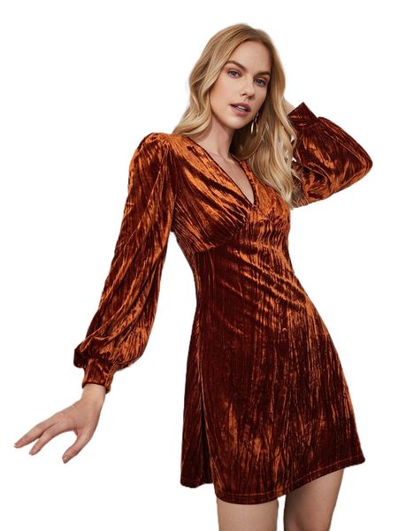 

v neck lantern sleeve velvet dress x6wd#, Black;gray
