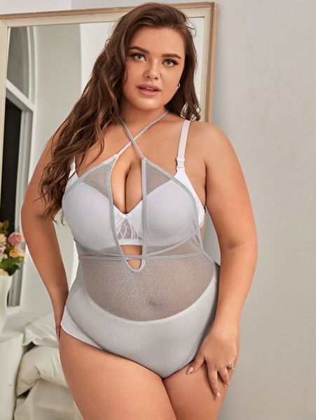 

plus lace up sheer mesh teddy bodysuit x8yx#, Black;white