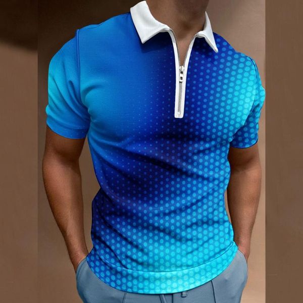 Camisas de polos masculinas com bolsos homens verão 3d Blusa casual com zíper de lapela de mangas curtas Camisa amarela amarela ativa