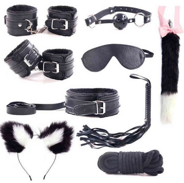 NXY Bondage BDSM 9pcs Metal Butt Butt Anal Handcuffs Whip Ball Gag Conjunto de brinquedos sexuais eróticos Produto para mulheres adultas Casal 220419