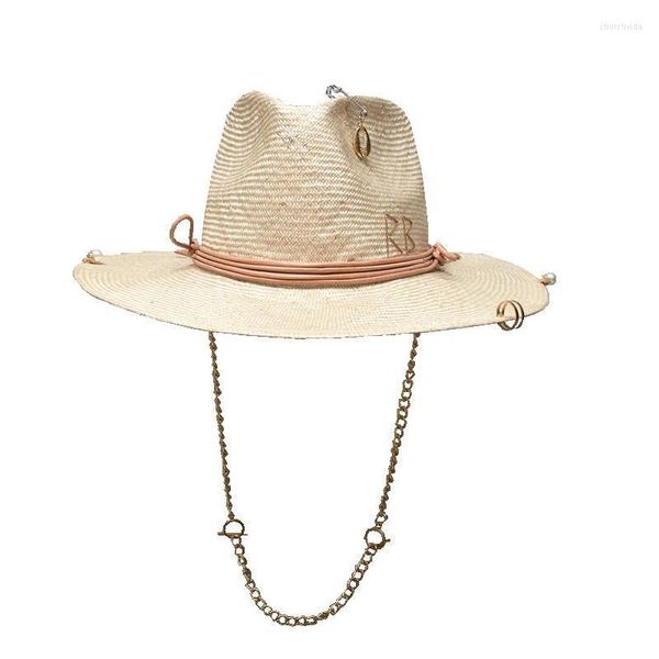 Chapéus de aba larga chegada chapéu de palha feminino com corrente e alfinete no verão a praia por SeaWide Chur22