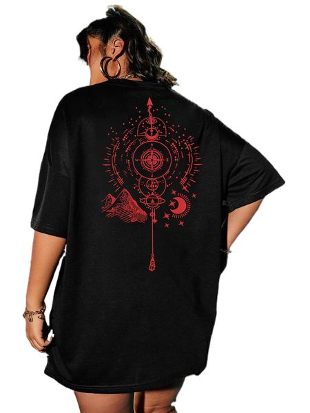 

plus moon print drop shoulder tee j2wv#, Black