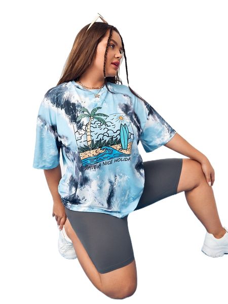 

plus coconut tree & slogan graphic tie dye drop shoulder tee f6km#, Black