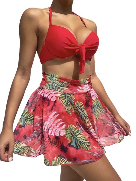 

knot push up bikini swimsuit & plant print beach skirt w0of#, White;black