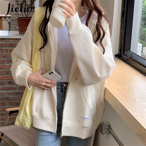 

jielur autumn chic zipup hoodies female casual street loose thin blue gray apricot sweatshirt pocket hooded women cardigans 220816, Black