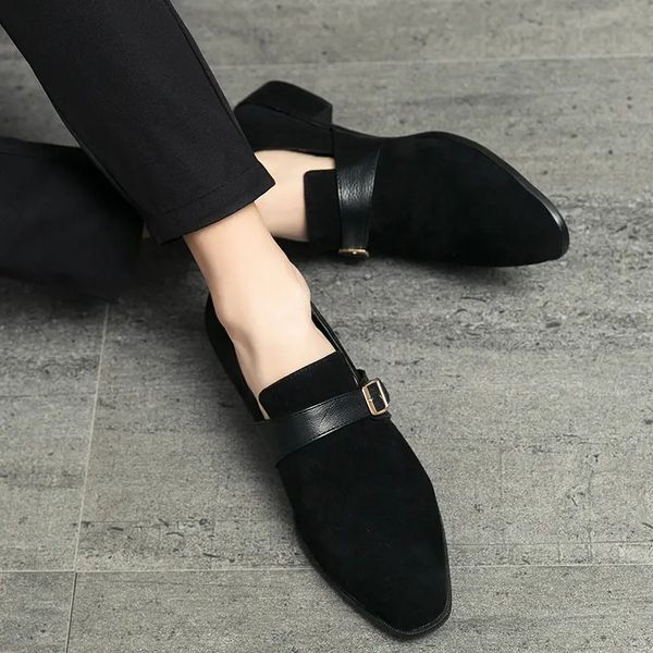 

loafers men shoes faux suede solid color casual fashion pointed toe everyday street classic buckle comfortable flat peas shoes dh936, Black