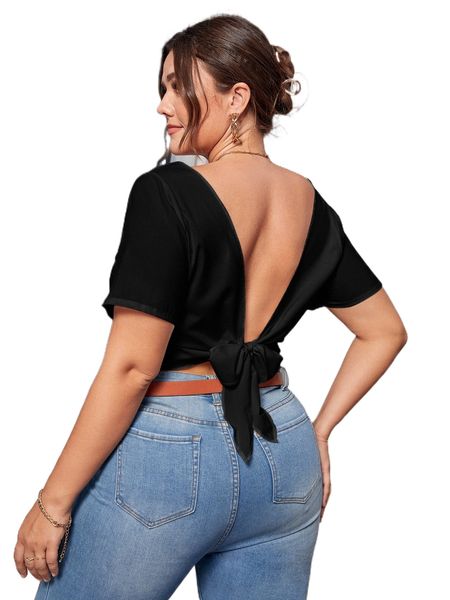 

plus v back self-tie crop blouse v2g3#, Black
