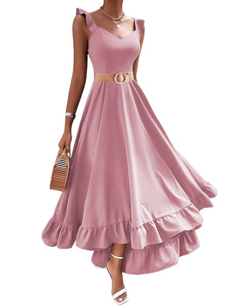 

solid ruffle trim high low hem dress without belt b0jn#, Black;gray