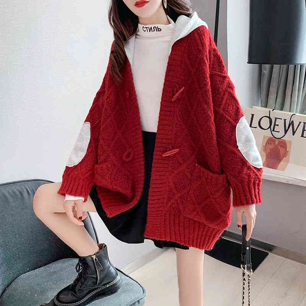 

women's sweaters splicing hooded sweater cardigan women lazy wind loose autumn winter twist korean knitted coat x26y, White;black