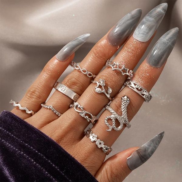 

cluster rings 10pcs/sets bohemian rose flowers ring sets for women punk snake star hollow geometirc jewelry gift accessories 15840, Golden;silver