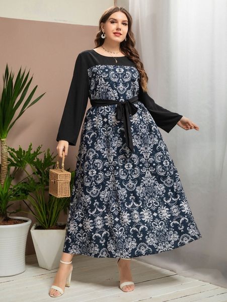 

plus baroque print belted dress h2ao#, Black