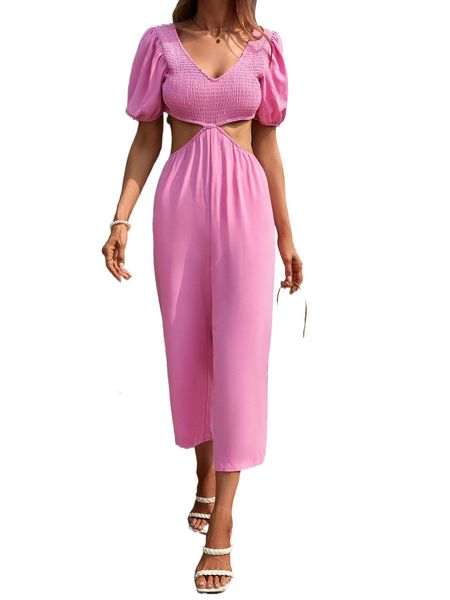 

solid cut out shirred puff sleeve jumpsuit n8yg#, Black;white