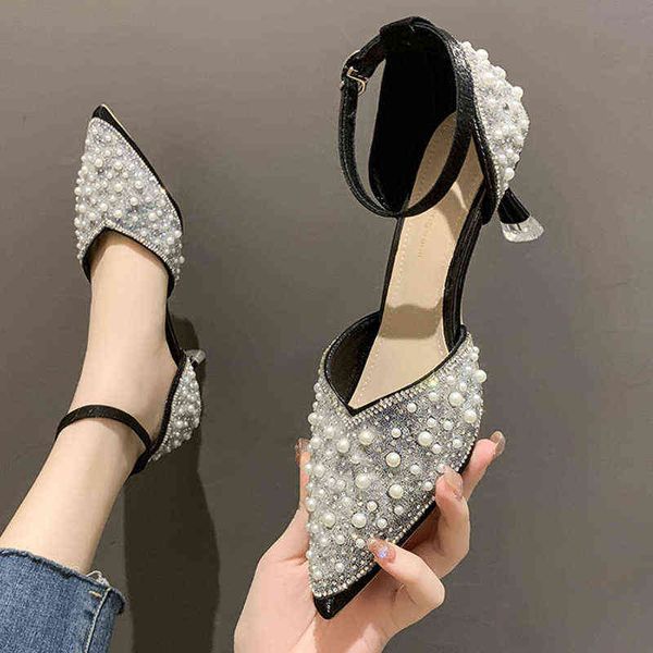 

dress shoes sandals elegant punch shoe pearls pumps women 2022 new ankle high heels woman thin wedding party mujer 220416, Black