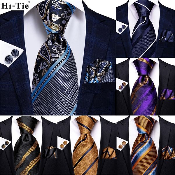 

hitie navy blue striped silk wedding tie for men fashion design gift men necktie hanky cufflink set business party dropshiping 220622, Black;gray
