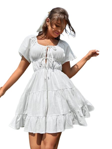 

knot front ruffle hem dress a1co#, Black;gray