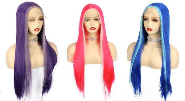 

3 colors new women's long mix purple pink colourful straight lace front cosplay hair wigs, Black;brown