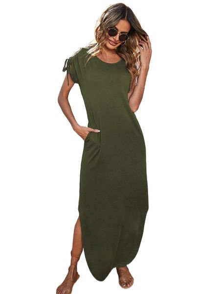 

cold shoulder hidden pocket split hem dress 76b8#, Black;gray