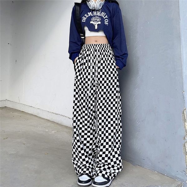 

mingliusili vintage checkerboard wide leg pants women spring fashion plaid pants high waist baggy streetwear casual trousers cx220402, Black;white