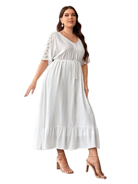 

plus contrast lace drawstring waist ruffle hem dress o6ol#, Black