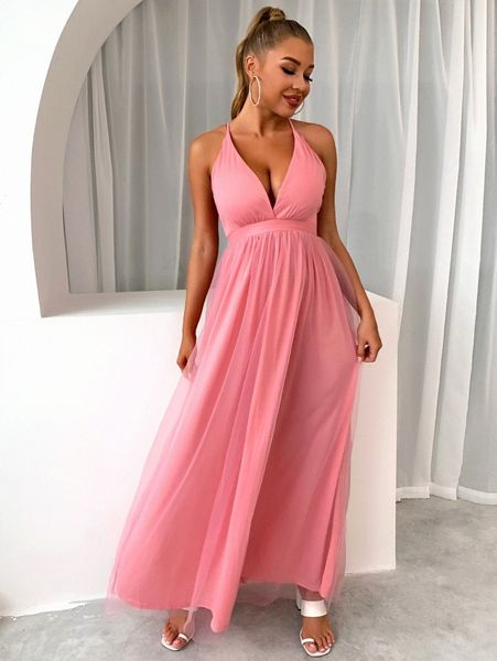 

joyfunear plunging neck crisscross back mesh cami prom dress q29h#, Black;gray