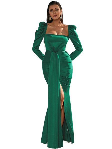 

missord square neck gigot sleeve draped ruched split hem formal dress b3jf#, Black;gray