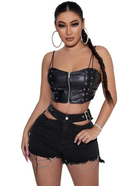 

sxy high waist cut out chain detail raw trim denim shorts j8ss#, White;black
