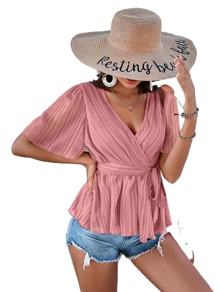 

surplice neck belted ruffle hem g7au#, White