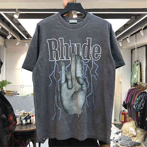 

rhude t shirt men women os harajuku washed do old streetwear tshirts fashion style highquality tees short sleeve rsw8, White;black