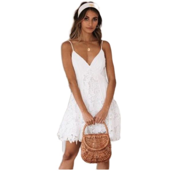 

casual dresses fashion summer dress 2022 beach womens backless spaghetti strap sundress sleeveless v-neck lace solid camis mini, Black;gray