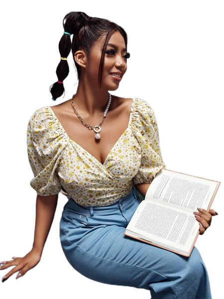 

x miss pt plus floral print wrap knot side crop s62r#, Black