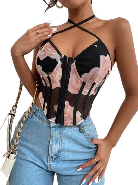 

floral mesh tie backless bustier halter 11yo#, White