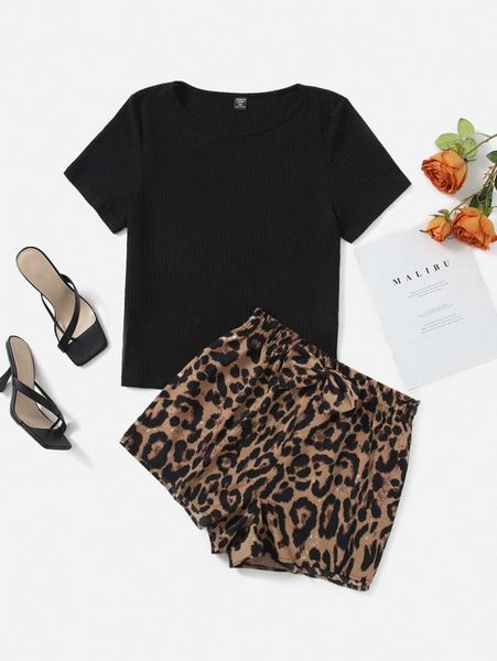 

plus solid round neck tee & leopard print shorts 61ap#, Black