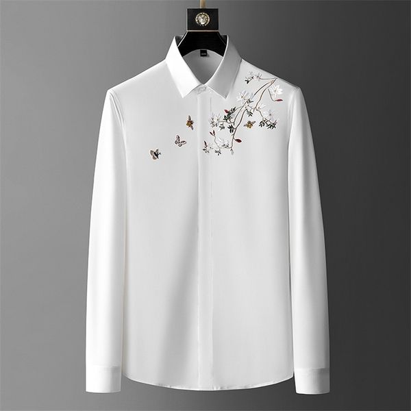 

brand embroidery men's shirt autumn long sleeve casual business dress slim streetwear social tuxedo men clothing 220324, White;black