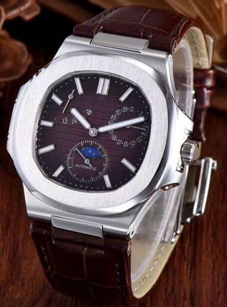 

automatic mechanical mens watch moon phase black blue leather pin buckle sapphire crystal, Slivery;brown