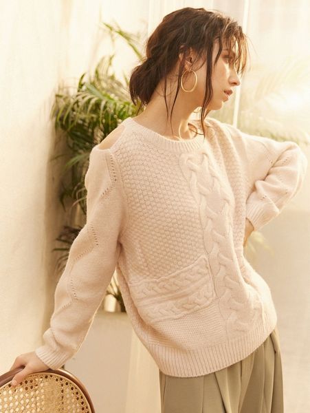 

knit mix cable knit cut out shoulder sweater p9s7#, White;black