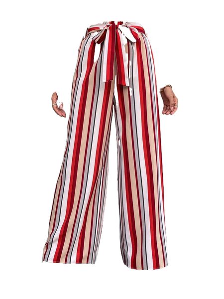 

block striped paperbag waist belted pants l9rs#, Black;white