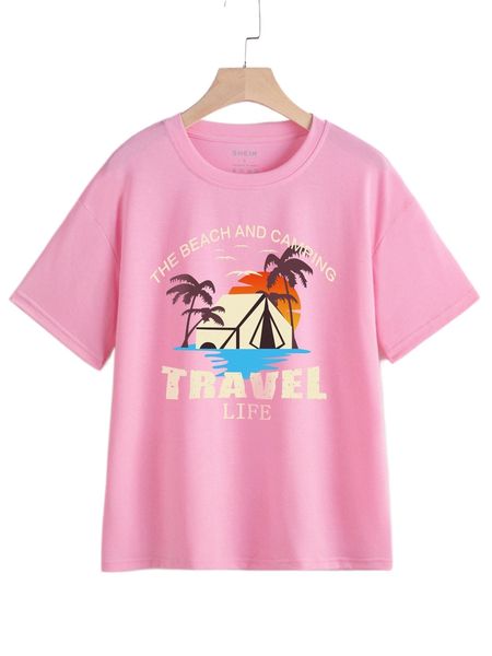 

letter & palm tree print drop shoulder tee t0uv#, White
