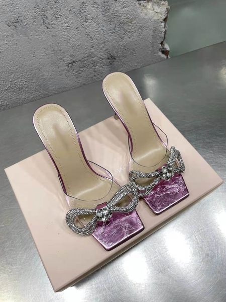 Mezze pantofole da donna in stile stilista con fiocco sexy punta a punta nera da sera con tacco sandali con cinturino alla caviglia con cinturino in cristallo