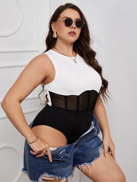 

plus colorblock contrast mesh bodysuit t2zo#, Black