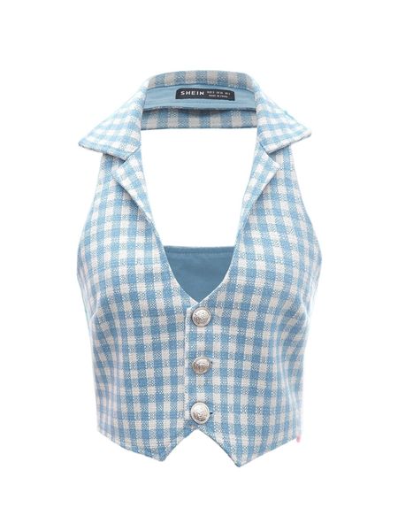 

gingham print split hem crop halter 32vs#, White