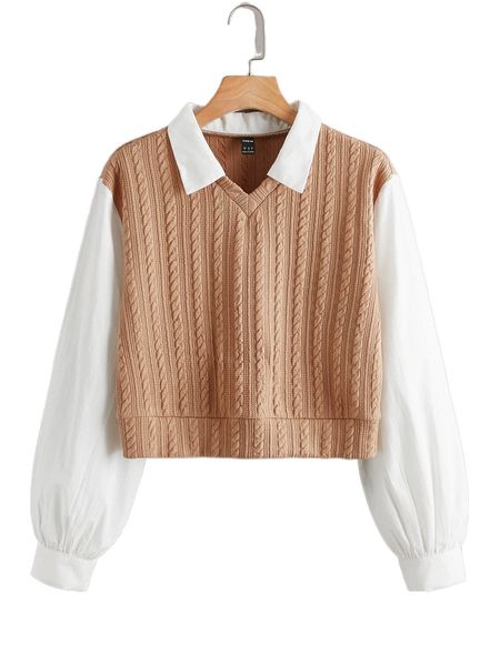 

contrast collar cable knit 2 in 1 blouse f2pj#, White