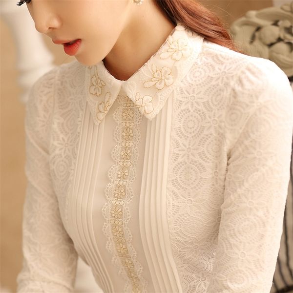 2019 New Pearl Lace Mulheres Blusa e Camisas Branco Sólido Slim Sexy Escritório Senhora Senhora Elegante Camisas Tops T200321