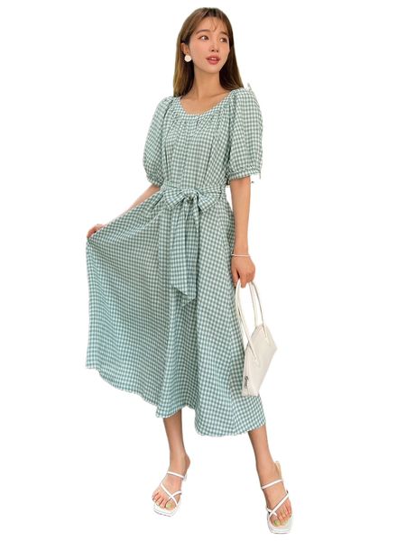 

dazy plaid print puff sleeve belted dress t3py#, Black;gray
