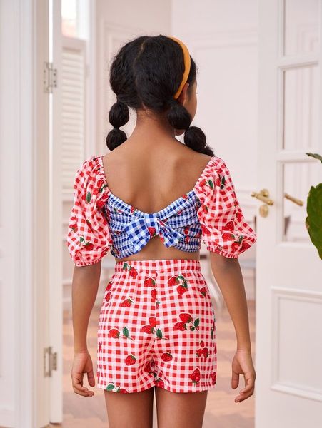 

sheen girls strawberry and two-color plaid back tie bow and shorts set she, White