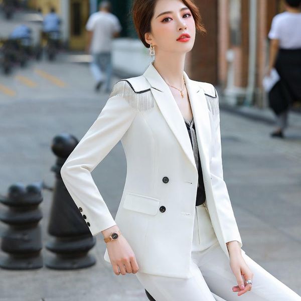 Calças de duas peças femininas plus size 5xl Formal Uniform White Pantsuits Com e Blazers Coat for Women Outono Winter Business Trabalho Vestir Suitwo